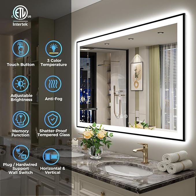 YEELAIT 48x32 Inch LED Bathroom Mirror with Lights (Front Lit and Backlit) Black Framed Lighted Vanity Mirror for Bathroom Wall Dimmable Anti-Fog Memory Tempered Glass Horizontal/Vertical