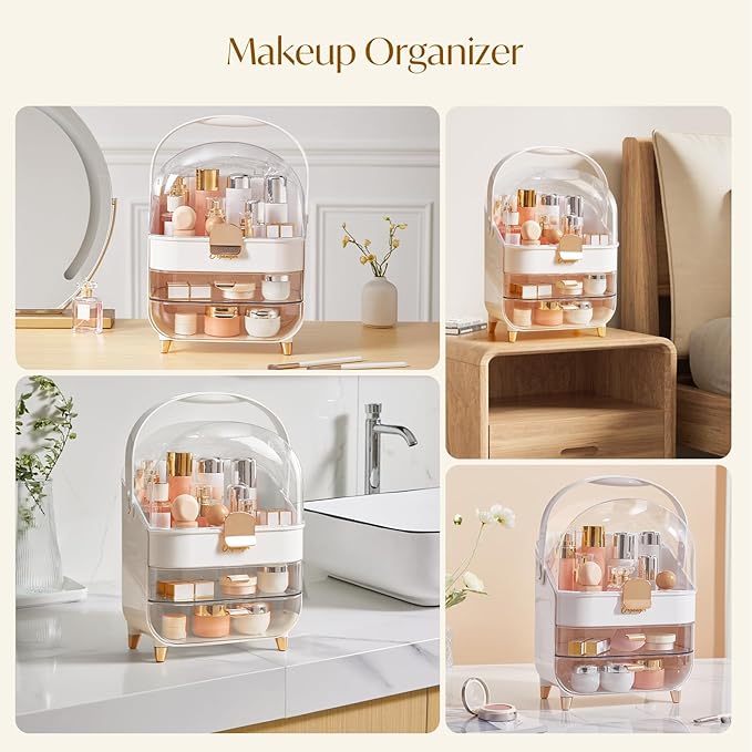 Makeup Organizers, Make Up Organizers for Vanity, Countertop Cosmetic Storage with Drawers and Transparent Cover for Bedroom Bathroom (Pearl White)