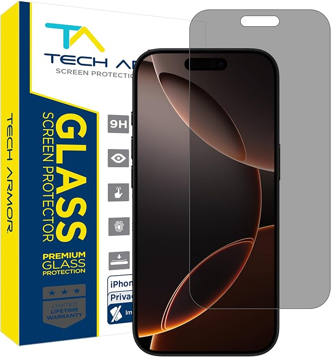 Tech Armor Privacy Glass for iPhone 16e 14 13 Pro Screen Protector 1 Pack | Ballistic Anti-spy protection 9H tempered Hard bubble-free install case-friendly Face ID compatible oleophobic coati