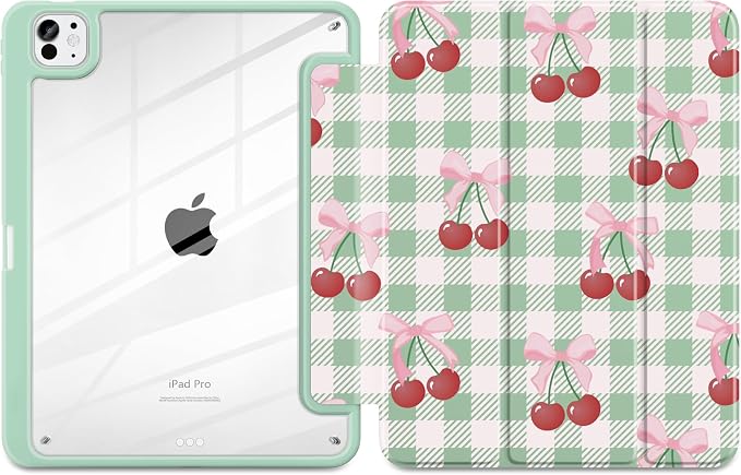 DONGKE for iPad Pro 11-Inch Case (M5 2025 / M4 2024) 6th/5th Generation [Auto Sleep/Wake &amp Pencil Pro Holder] Clear Acrylic Back Smart Trifold Stand Cover Bear &amp Cherry