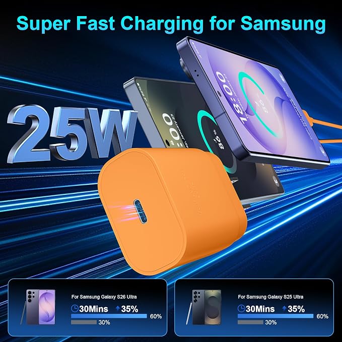 Super Fast Charger Type C 25W USB C Wall Charger Fast Charging for Samsung Galaxy S26 Ultra/S26/S26+/S25 Ultra/S25/24 Ultra/S24/S23 Ultra/S22 Ultra with 10FT Long Android Type C Charger Cable 2Pack