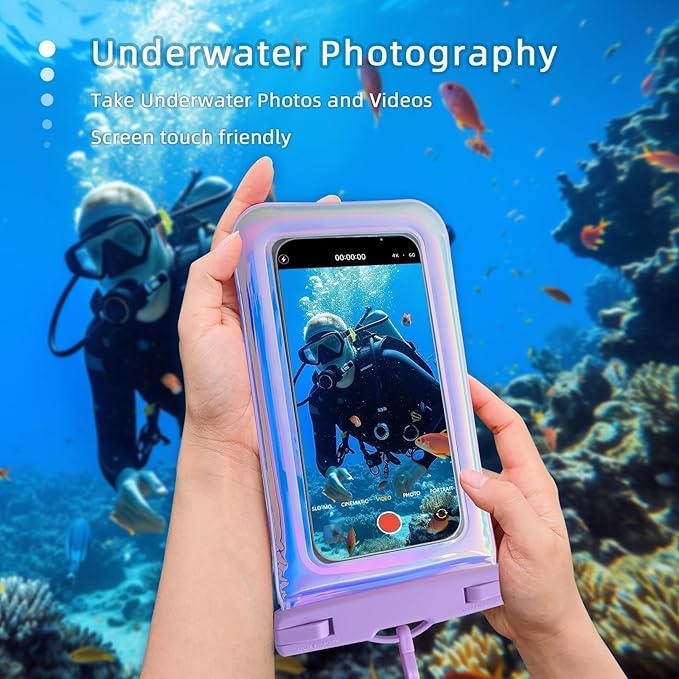 Floatable Waterproof Phone Pouch Case for iPhone 16 Pro Max/15/14/13/1, IP68 Travel Cellphone Dry Bag Beach Cruise Ship Essentials Bags with Crossbody Lanyard, Iridescent Purple and Blue B-7″