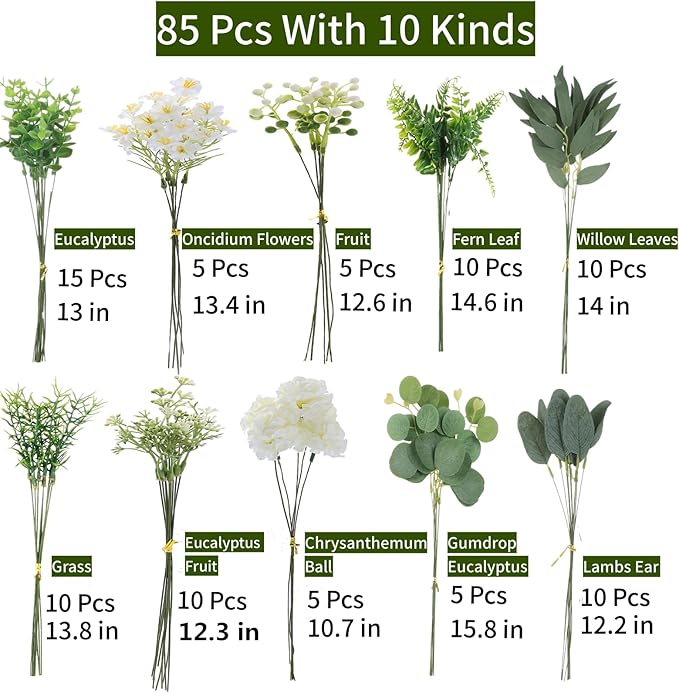 85pcs Artificial Greenery Stems Box Set with 10 Kinds Artificial Plants and Fake Flowers Used for New Wedding DIY Bouquet Flower Arrangement Dining Table Decor