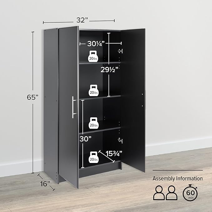 Prepac Elite Tall Garage Storage Cabinet & Pantry Storage Cupboard, 2-Door Freestanding Bathroom or Pantry Cabinet with Adjustable Shelves, 16" D x 32" W x 65" H, Black