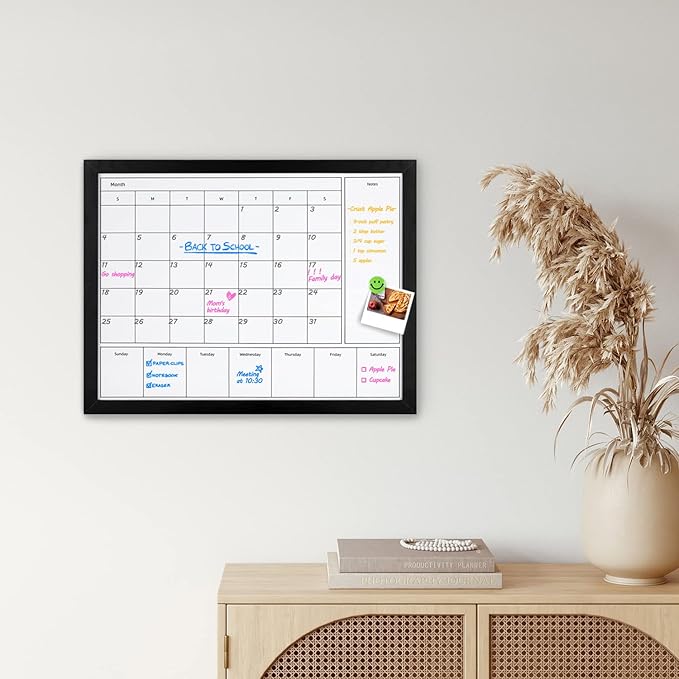 3-in-1 Dry Erase Calendar for Wall, 17x13 inches Magnetic Surface Monthly & Weekly Planner Whiteboard, Dry Erase Board with Black Wood Frame, Hanging White Board Calendar(YL+ZL-BK,4333)