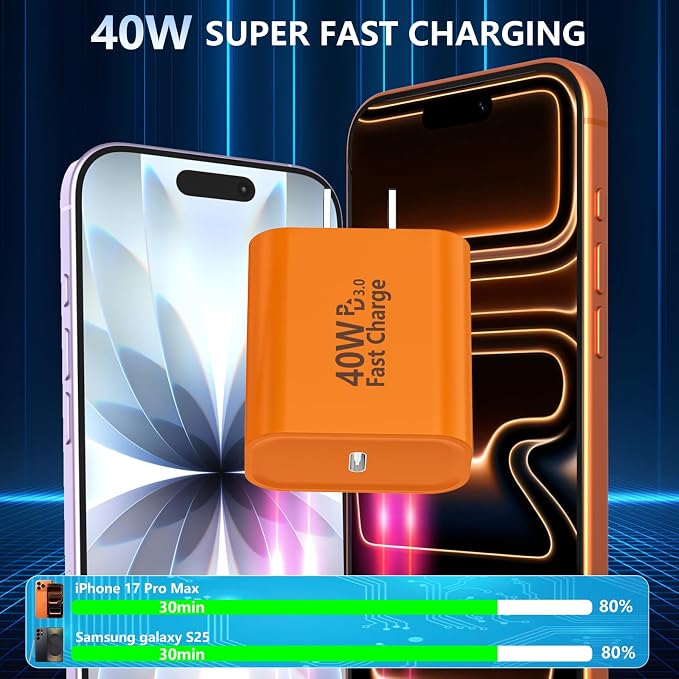 iPhone 17 Pro Max Charger Fast Charging [2-Pack] 40W USB C MFi Certified Fast Charger Block with 2x10FT Woven Type C to C Cable for iPhone 17/Pro Max/Pro/Air/16/16 Pro Max/15/iPad – Orange
