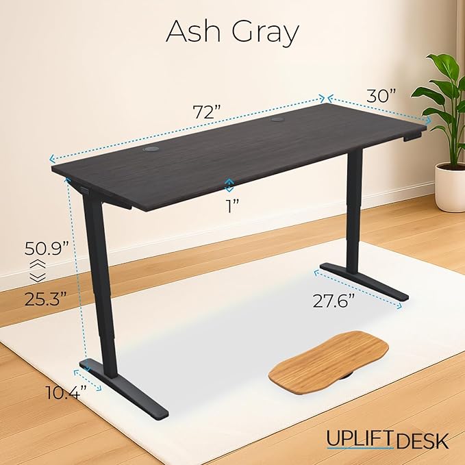 UPLIFTDESK V2 2-Leg Ash Gray Laminate Wood Standing Desk – Adjustable Height, Advanced 1-Touch Memory Keypad, Under Desk Cable Management, Wire Grommets & Rocker Board (Black -Frame, 72 x 30 inch)
