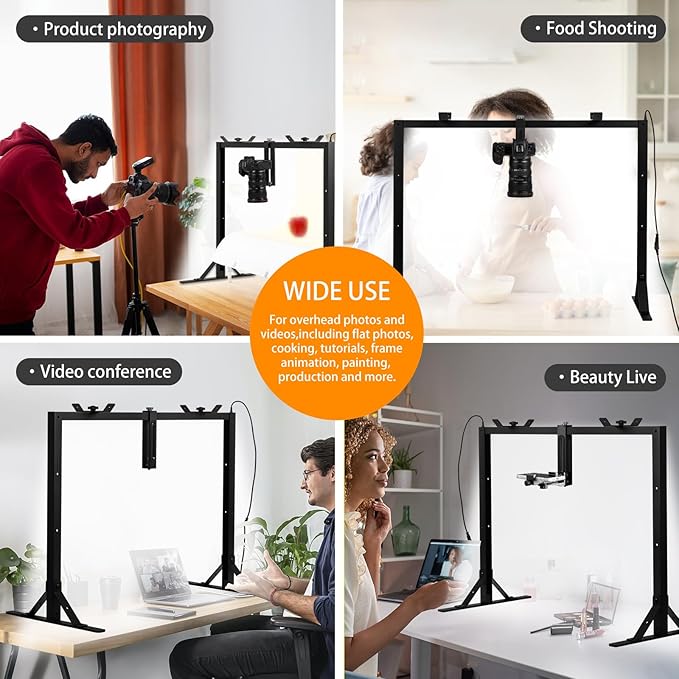 Overhead Camera Mount with Light LED 5600K Continuous -Top-Down Shooting Desk Mount Stand for Flat Lay Photography, Live Streaming - Universal Fit for DSLR, Mirrorless Cameras & Smartphones