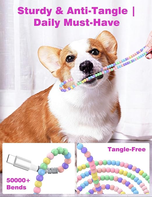 Jelanry 3FT USB-A to USB-C Fast Charging Cable Beaded &ampData Sync Women Girl | Cute kawaii beaded cable for iPhone 17/16/15 Samsung S26/S25/S24 Pixel iPad Fast charge for daily use office &amp tra