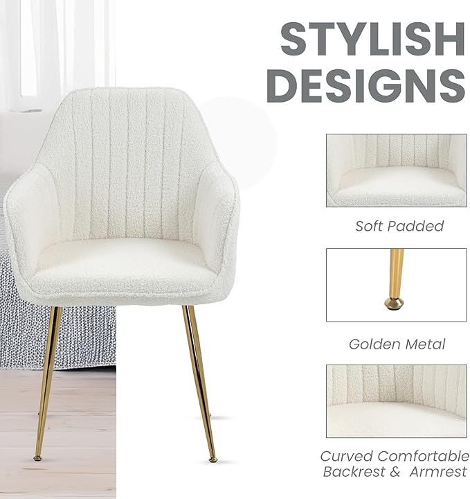 ECOTOUGE Teddy Velvet Dining Chairs Set of 4, Modern Arm Chair with Golden Metal Legs, Fluffy Boucle Sherpa Accent Chairs for Kitchen, Cream White