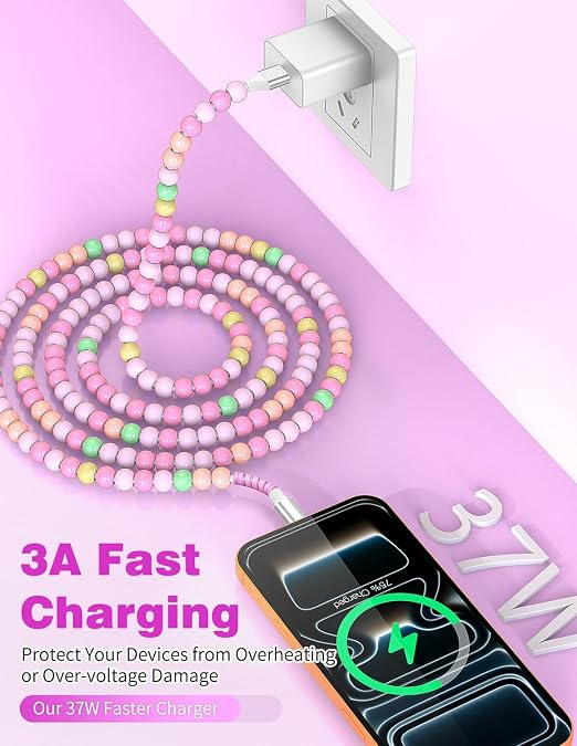 Jelanry 3FT USB-A to USB-C Fast Charging Cable Beaded &ampData Sync Women Girl | Cute kawaii beaded cable for iPhone 17/16/15 Samsung S26/S25/S24 Pixel iPad Fast charge for daily use office &amp tra
