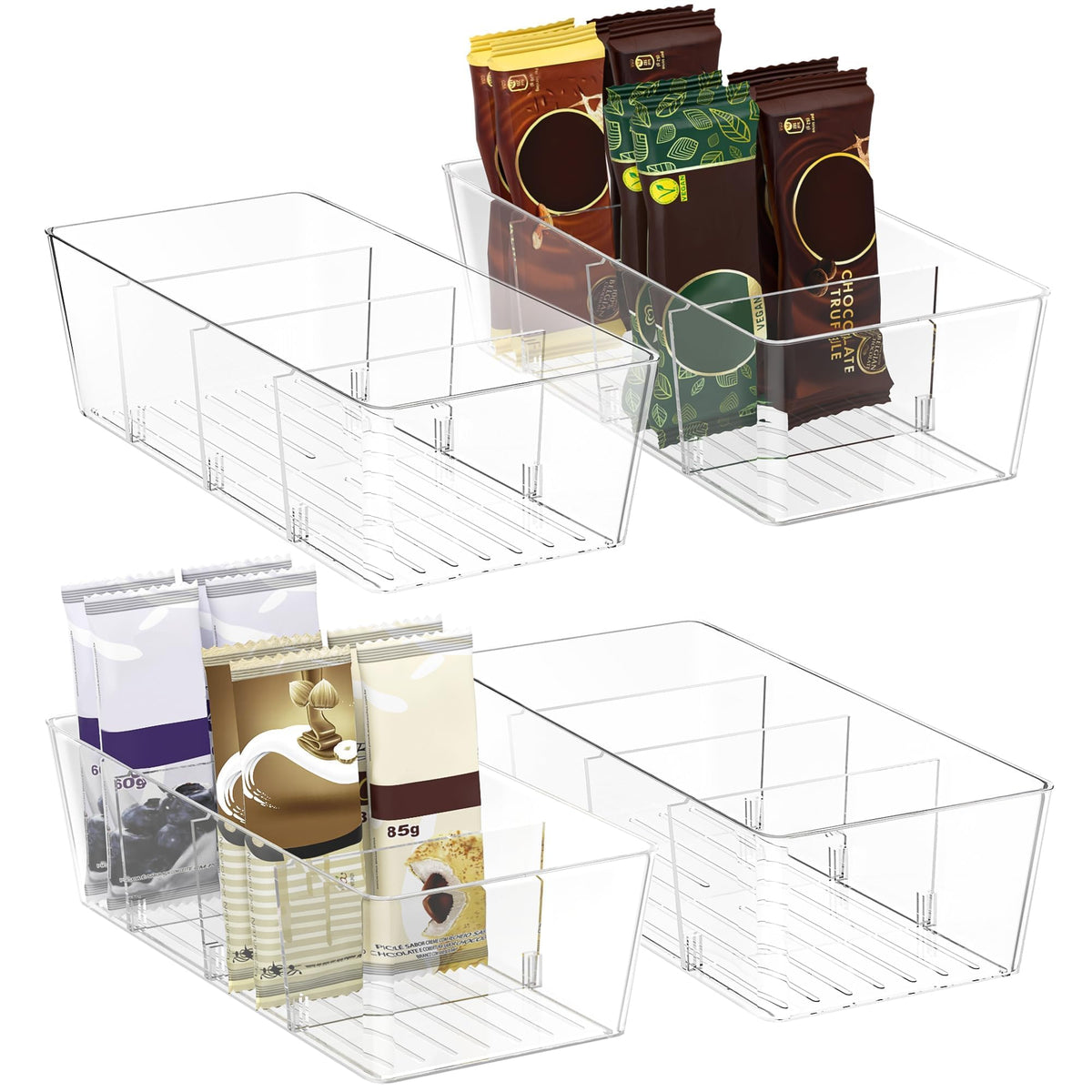 BALEINE Clear Plastic Storage Bins with 3 Removable Dividers, Pantry Organization, BPA Free Stackable Refrigerator Organizers and Storage for Kitchen Fridge Cabinet Bathroom (10.5x6.1x3.5, 4PK)