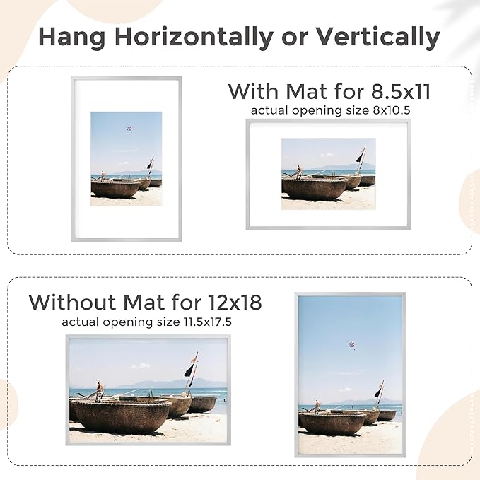 12x18 Metal Picture Frame for Wall With Mat for 8.5x11, 12''x18'' Aluminum Photo Frames With Tempered Glass for Home Decor, Minimalist Modern Poster Frame Horizontal And Vertical Formats, Silver
