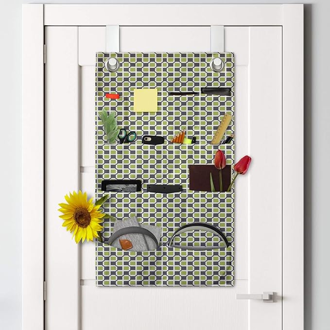 Ambesonne Abstract Hanging Pocket Organizer, Pattern of Symmetric Mini Rectangles Connected with Streaks, Printed Polyester Storage Bag with Pockets, 21" x 31", Lime Green Taupe Grey