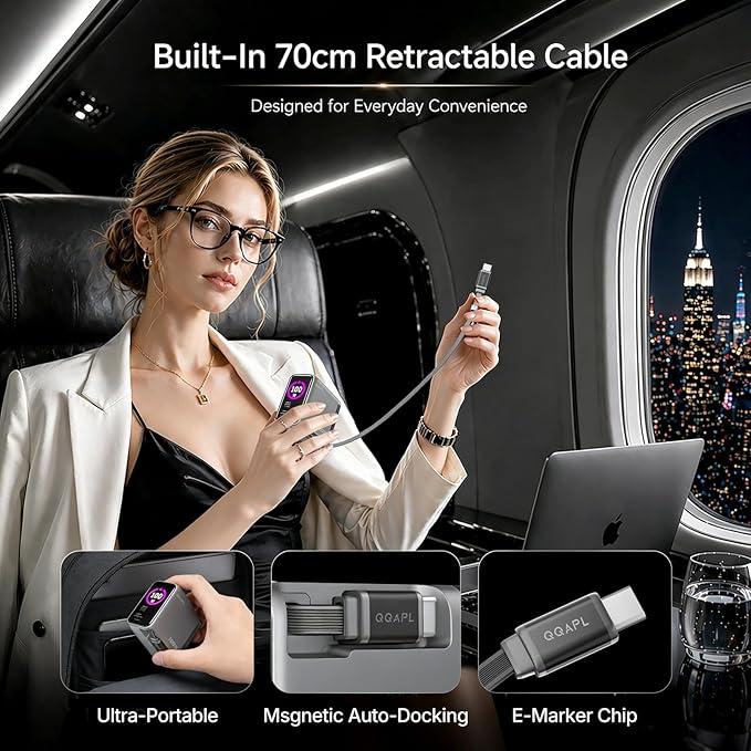 Compact 100W GaN Retractable USB C Wall Charger with Smart Display | Durable Built-in Retractable Cable C1-100W C2-100W A1-30W Compatible with MacBook iPhone Galaxy Pixel iPad(Non-Battery)