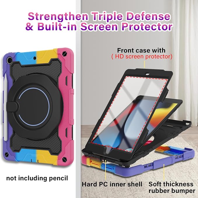 for iPad 9th 8th 7th Generation Case(iPad 10.2 inch) for Kids | 15ft Drop Protection Rugged with 360 Kickstand Handle Shoulder Strap，HD Screen Protector，Shockproof (2021/2020/2019 Release)