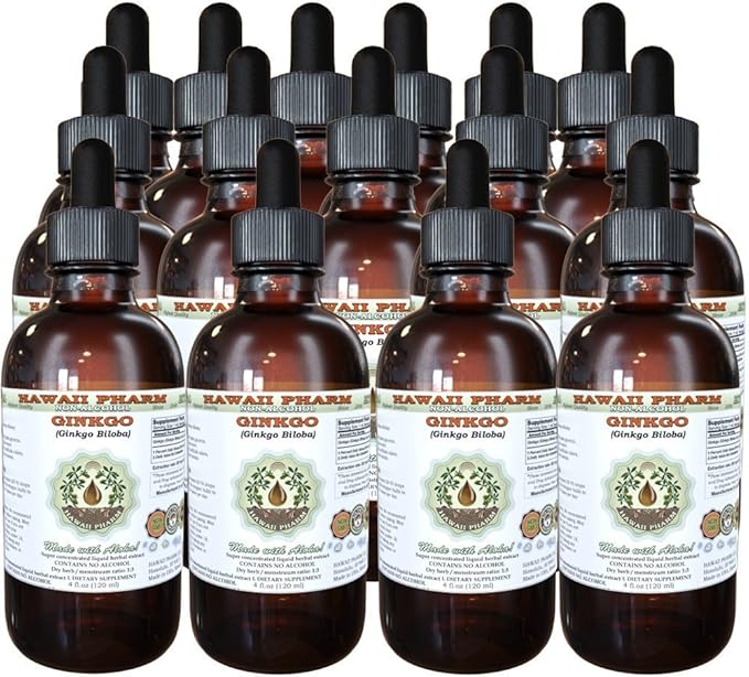 Ginkgo Alcohol-Free Liquid Extract, Organic Ginkgo (Ginkgo Biloba) Dried Leaf Glycerite Hawaii Pharm Natural Herbal Supplement 15x4 oz