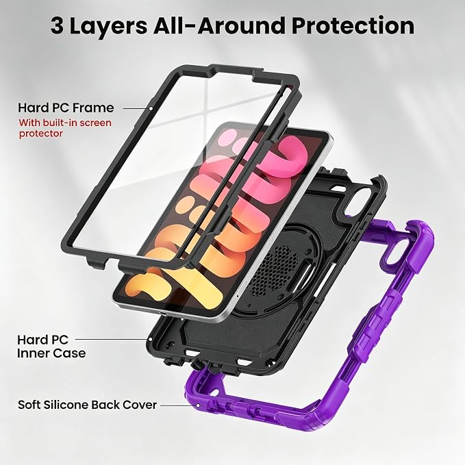 Case for iPad mini 7 (A17 Pro) 2024/ Mini 6 8.3'' with Pencil Holder Screen Protector [360 Rotating Hand Strap] &ampStand &ampShoulder Strap Shockproof Case for iPad mini 7th/6th Generation Purple