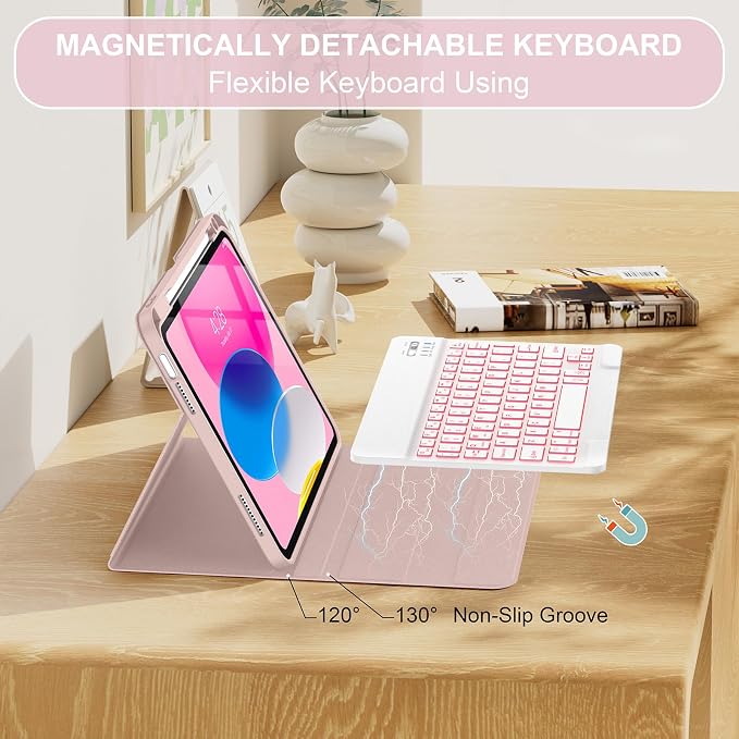 Soke for iPad (A16) 11th/10th Gen Case with Keyboard Black Marble | For iPad 11/10.9 inch(2025/2022) 7 Color Backlight Magnetic wireless Detachable Keyboard Case Built-in Pencil Holder