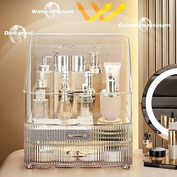 Clear Makeup Organizer Countertop with Drawers and Lid, Dustproof Organizers and Storage for Bathroom Vanity, Ideal for Cosmetic, Beauty Supplies -White