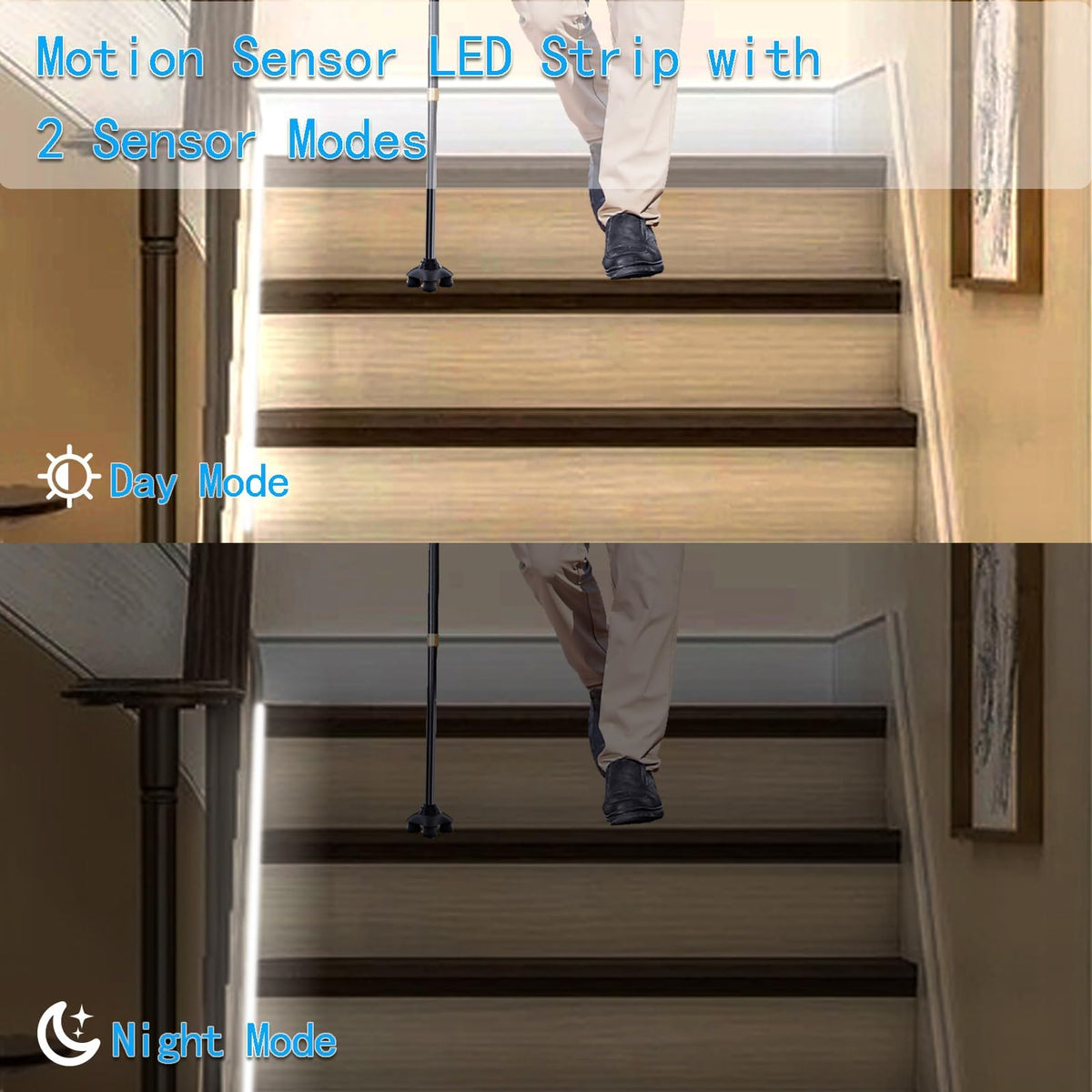echosari Battery Operated Motion Sensor Cabinet Strip Lights, 9.8Ft 90 LED Counter Closet Strip Light, Motion & Night Sensor Safe Tape Light for Stairs Wardrobe Kitchen (Cool White)