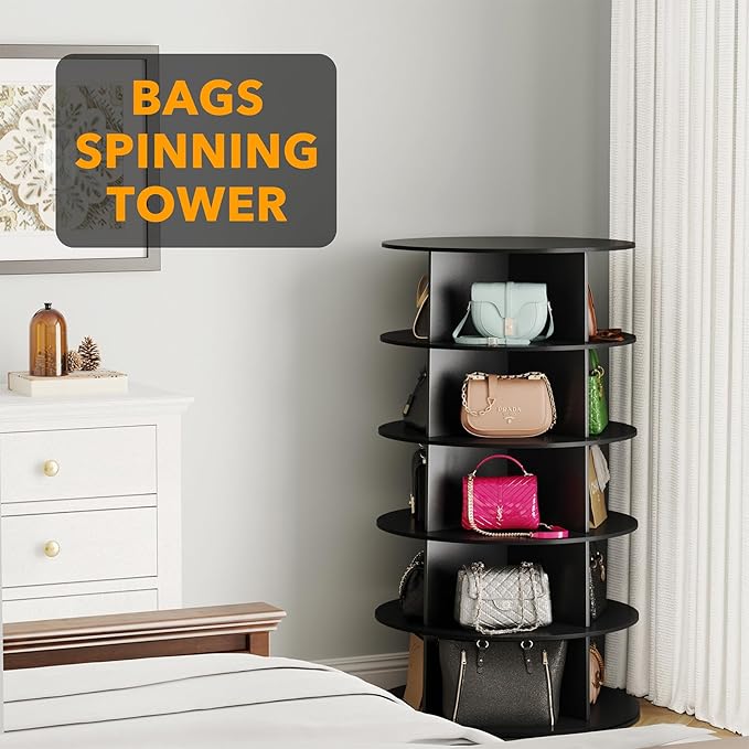 SpaceAid 5 Tier Rotating Shoe Rack Tower, Spinning Shoe Display Lazy Susan, Revolving 360 Shoe Rack Storage Round Carousel, Vertical Handbag Rotate Shoes Closet Organization (5-Tier Black)
