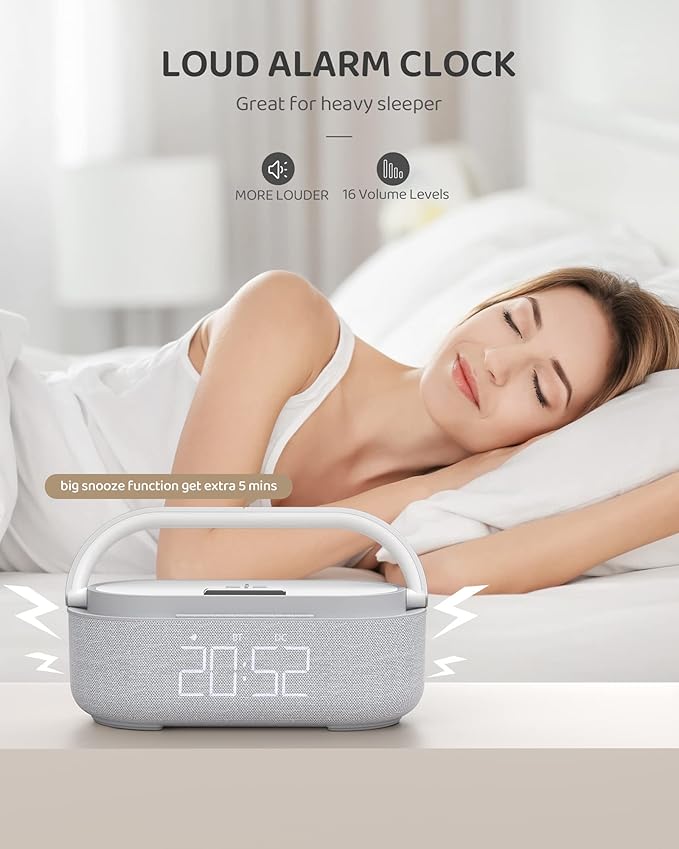 COLSUR Bluetooth Speaker Alarm Clock with Wireless Charger, FM Radio, Adjustable LED Night Light, 6 in 1 Bedroom Portable Speaker 2500mAh, Phone Stand for Bedside, Home, Office, Gift (Gray)