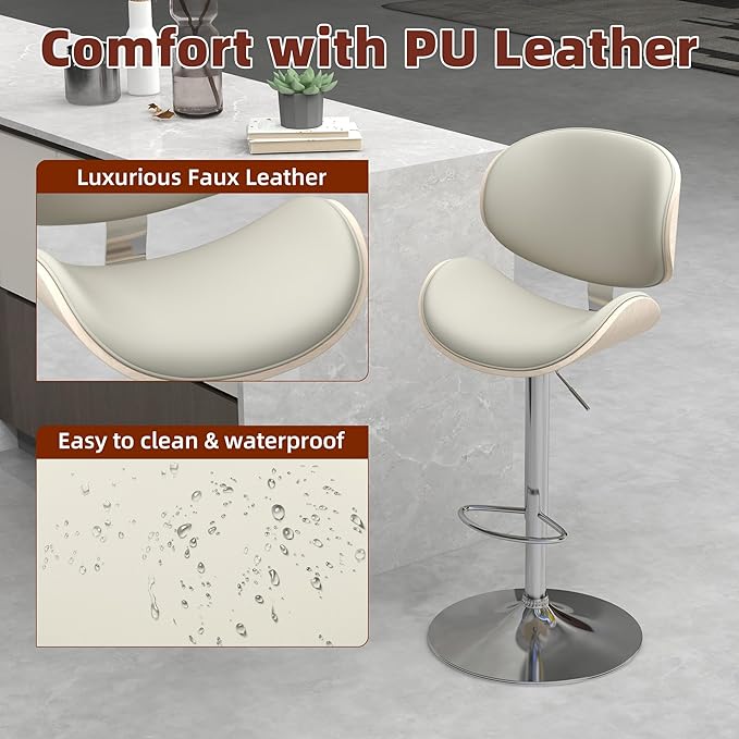 civama Bar Stools 1 PC for Kitchen Counter, Adjustable Bar Height Chairs, Modern Swivel Barstools with Bentwood Seat and Back with Footrest for Kitchen Island, Dining Room, Grey PU Leather