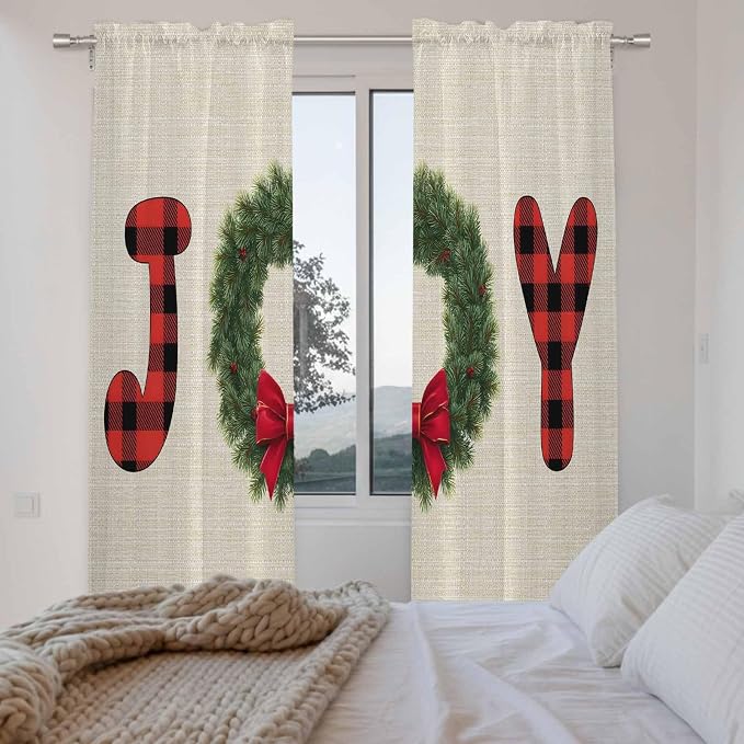 Red Green Christmas Window Curtains 72 Inch Long 2 Panel Set, Rod Pocket Long