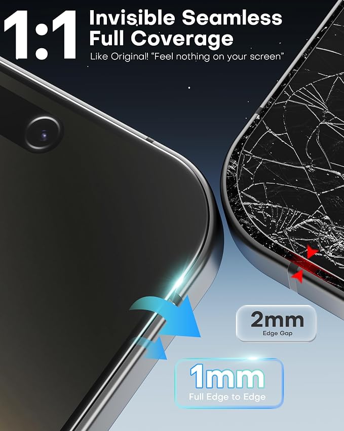 OMOTON Privacy Screen Protector for iPhone 16 Pro Max [Auto-Align Installation] Tempered Glass with 9H+ Hardness &amp 12FT Military Grade Shatterproof 100% Anti-Spy Full Coverage Protection 2 Pac