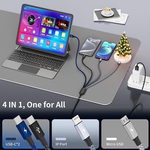 4 in 1 Multi Charging Cable 2 Pack 6FT Charging Cords for Devices | Nylon Braided USB C Car Charger Cable with Dual USB-C IP &amp Micro Ports Long Travel Charging Cord for Cars