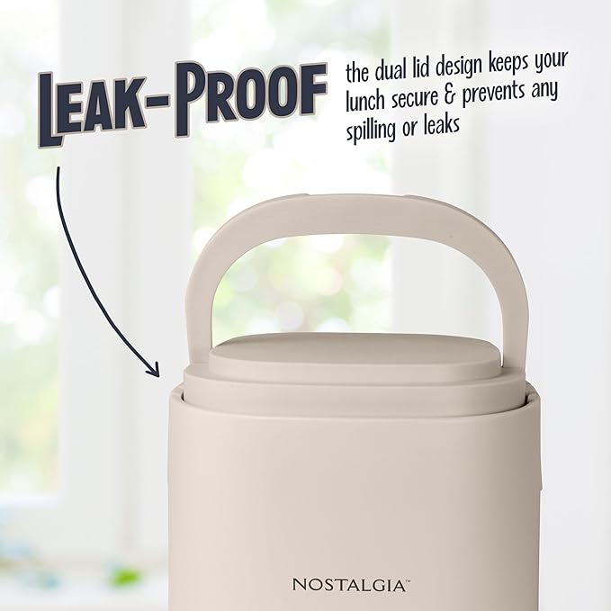 Nostalgia Portable Heated Lunch Box – 2.5-Cup Stainless Steel Food Warmer – Detachable Cord, Leak-Proof Lid, Carry Handle – Portable for Work & Travel – Oatmeal