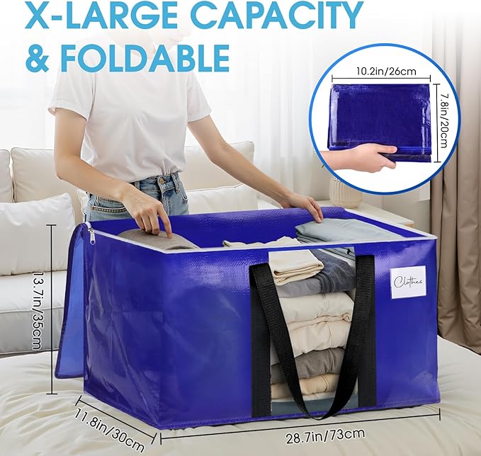 BlissTotes 2 Pack Moving Bags with Clear Window, Storage Bags with Strong Carrying Handles & Zippers,Large Packing Bags for Saving Space, Alternative to Moving Boxes(Blue,20 Gallon)