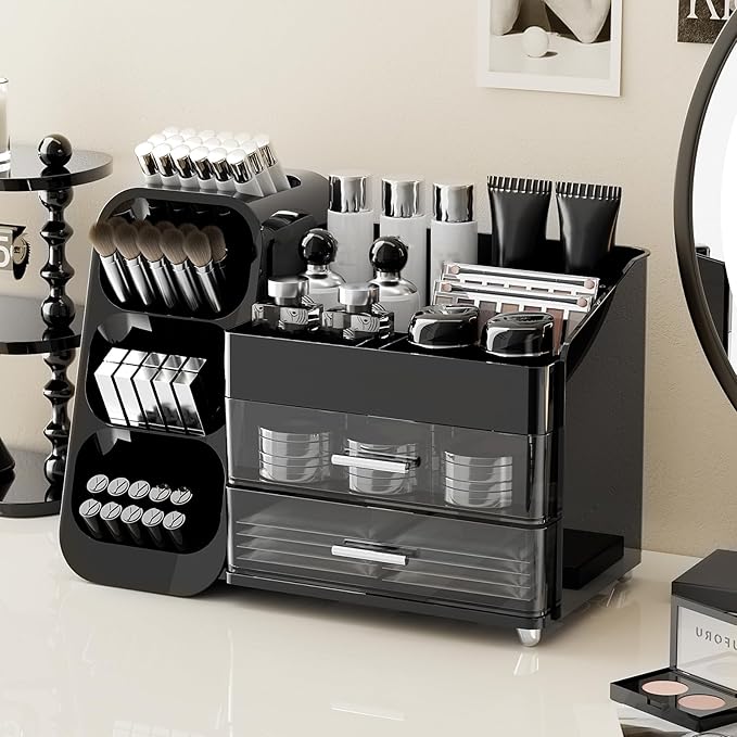 Makeup Organizer for Vanity with Brush Holder, Countertop Organizer with 2 Drawers, Spacious Cosmetic Display Case for Beauty Essential, Skincare, Lipstick