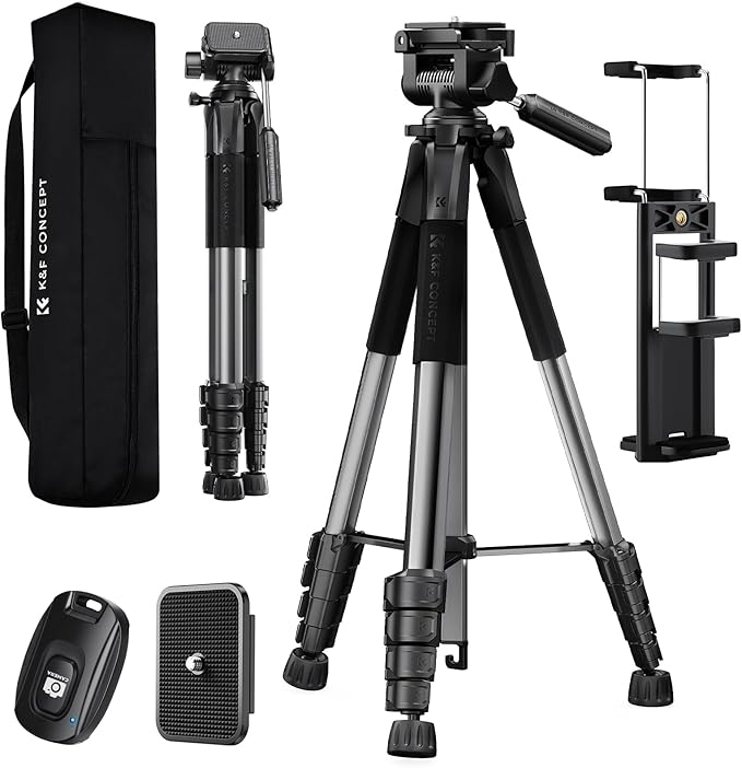 K&F CONCEPT Camera Tripod, 75" Lightweight Portable Travel Outdoor DSLR Tripods for Camera Phone Video Recording Tripod Stand, Cellphone Clip for Smartphone Live Streaming Vlog, Dark Grey