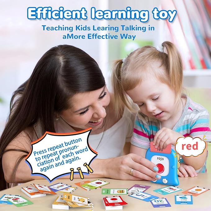 Kidzdo 520 Bilingual Spanish English Talking Flash Cards, Birthday Gifts Easter Present for 2 3 4 5 6 Year Old Boys and Girls, Pocket Speech Therapy Toys, Portable Toddlers Toys, Blue