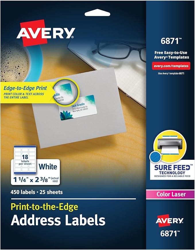 Avery Print-to-The-Edge Printable Address Labels, 1-1/4" x 2-3/8", Matte White, Sure Feed Technology, Laser & Inkjet Compatible, 450 Blank Labels, Great for Mailing, School Supplies, and More (6871)
