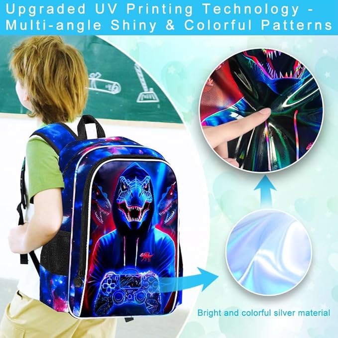 gxtvo 3PCS Kids Dinosaur Game Bookbag, 17" Boys Dino Backpack with Lunch Box, Water Resistant Middle Elementary School Bag - Dinosaur Game