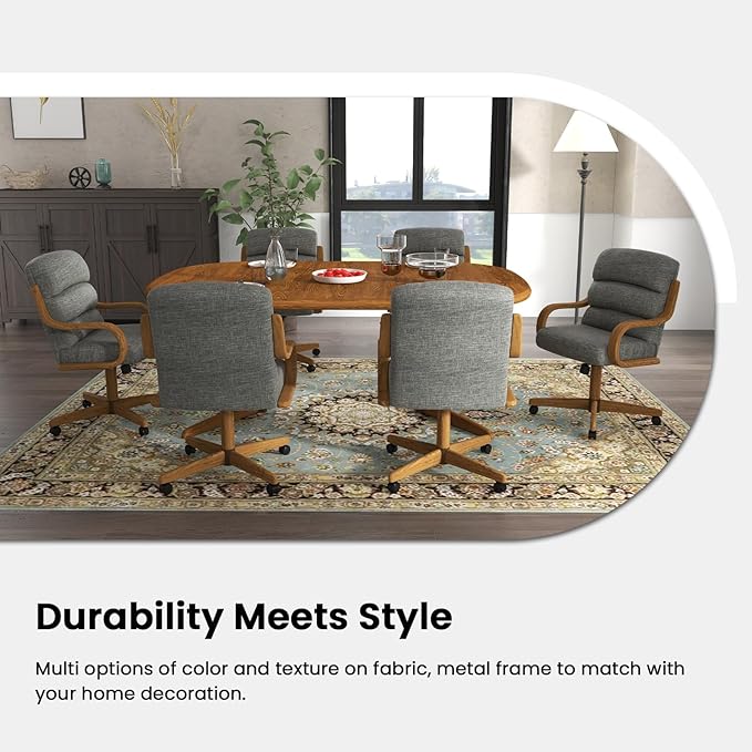 Chromcraft Douglas Set of 2 Casual Dining Chairs Classic Swivel Tilt Dinning Chairs with Casters, Wooden Arm Metal Pedestal Base Chairs with Rolling Wheels for Kitchen & Dining Room