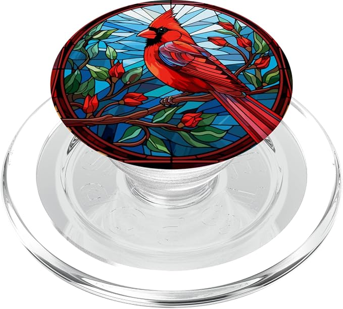 Stained Glass Red Cardinal Bird Christmas Cute Bird Lovers PopSockets Adhesive PopGrip