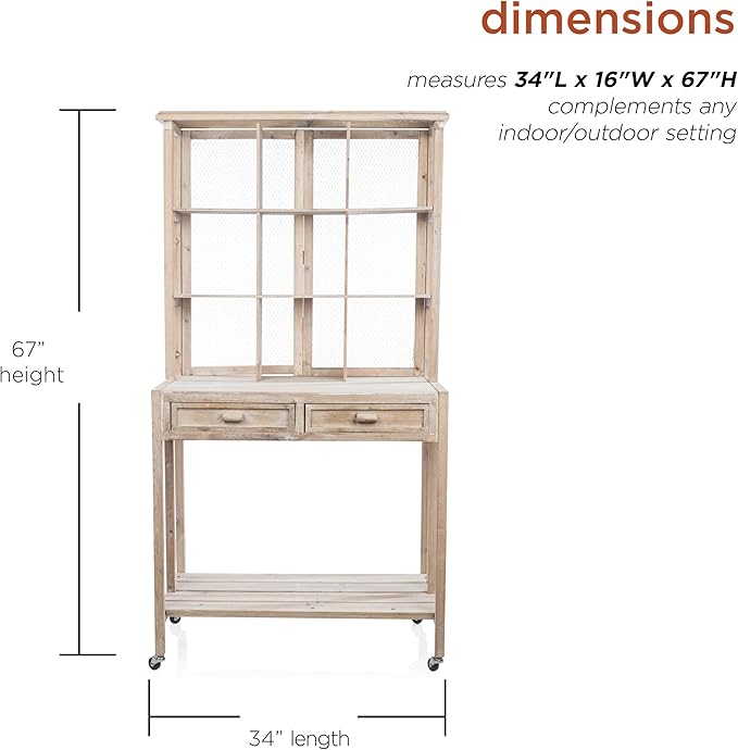 Alpine Corporation 67" Tall Indoor/Outdoor Rustic Wooden Potting Hutch with Shelves and Drawers