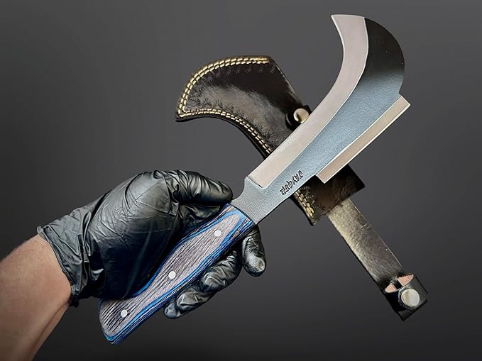 Hand Forged Carbon Steel Machete Billhook Sickle Knife | Yard Work | Tree Cutting | Brush Clearing Garden Tool | Leather Cover with Belt Loop (BHC3)