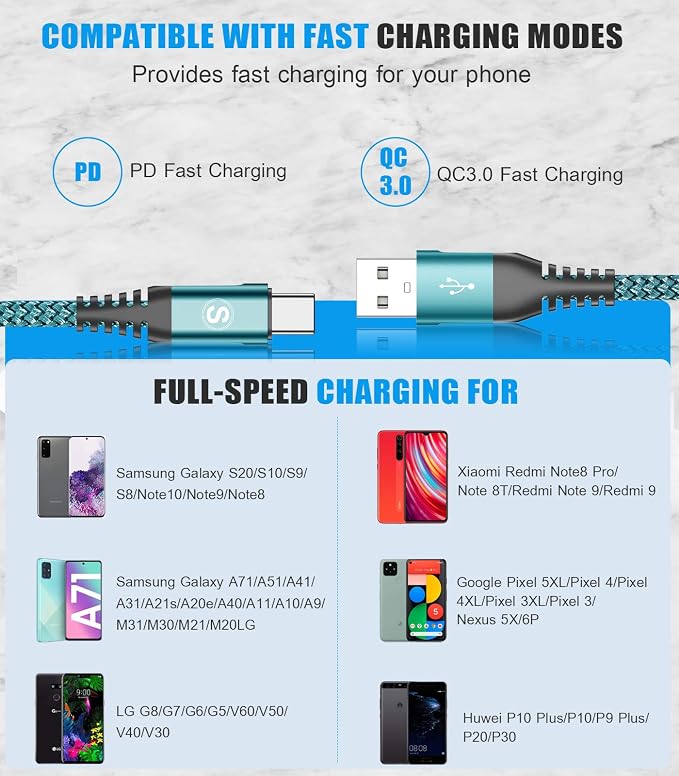 sweguard USB C Cable 3.1A Fast Charging [2-Pack3.3ft+3.3ft] USB-A to USB-C Charger Nylon Braided Cord for Samsung Galaxy S22 S21 S20 S10 S9 S8 Plus/FE Note 20 10 9 8 A71 A51 A32LGMotoPS5-Green