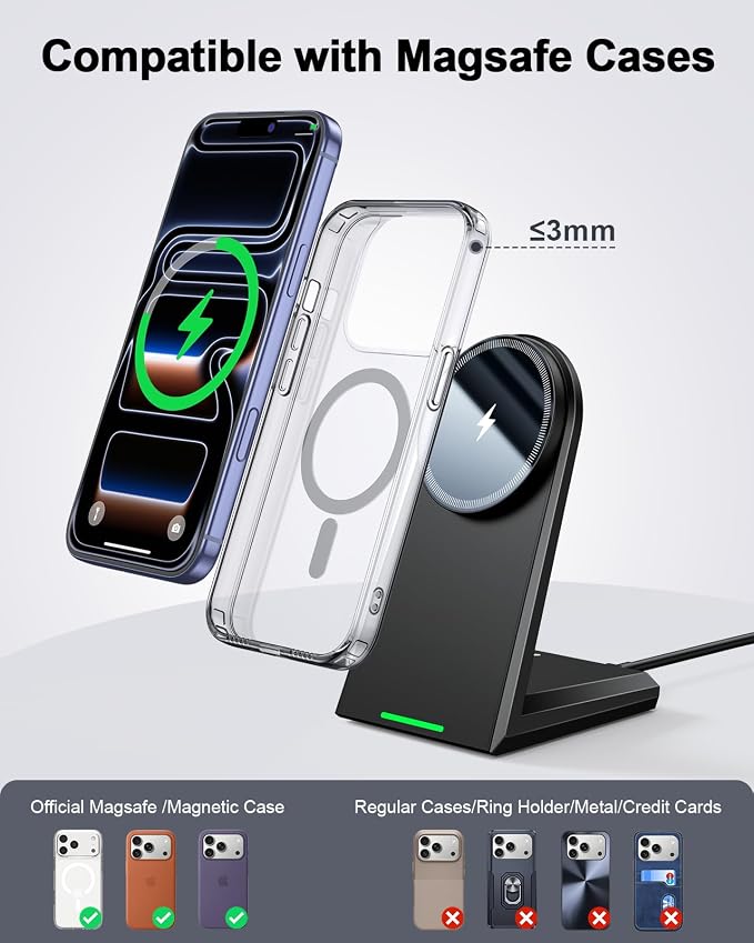 NANAMI 25W Magnetic Wireless Charger Stand with 30W PD Adapter for iPhone | Compatible with iPhone 17/16/15/14/13 N52 Alignment 360° Adjustable Design Auto-Dim LED Cooling System &amp Safety Prote
