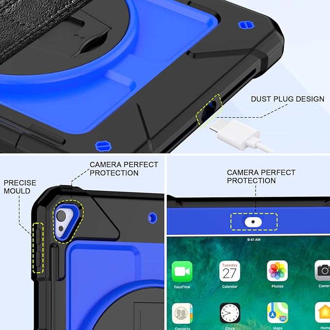 BMOUO Case for iPad 6th/5th Generation Case (9.7 inch 2018/2017) 360°Rotating Stand Hand/Shoulder Strap Shockproof iPad 9.7” Case for iPad Air 2 Black