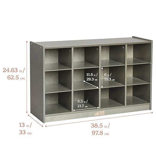 ECR4Kids 12 Cubby Mobile Tray Storage Cabinet, 3x4, Classroom Furniture, Grey Wash
