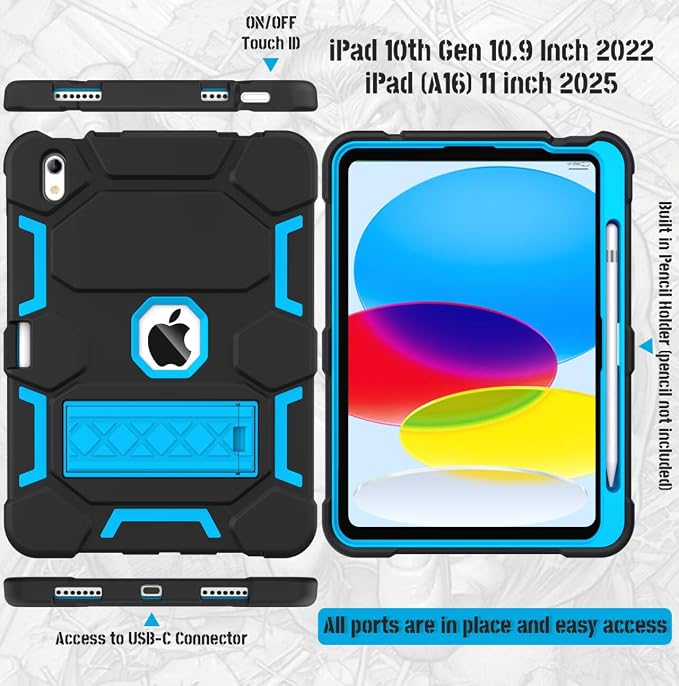 Case for iPad 11 11th Gen (A16) 2025 &amp 10th Gen 2022 10.9 Purple+Green | Kickstand | With Pencil Holder | Drop-Proof Silicone+Hard Shell | Raised Edge Protects Screen&ampCamera | Heavy Duty Pr