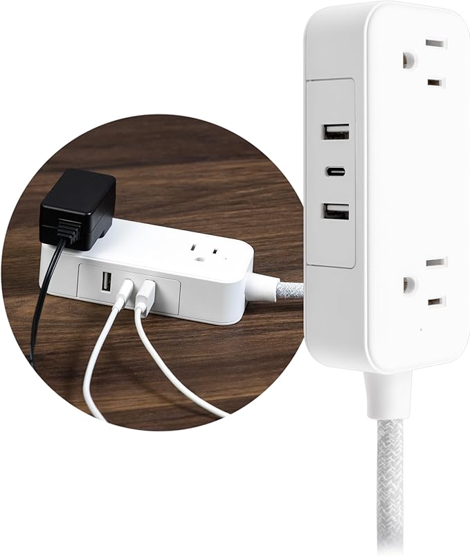 GE Flat Plug Power Strip Extension Cord with USB Ports, Travel Power Strip with 2 Outlets 3 USB Ports, Cruise Ship Essentials, 6 Ft Braided Small Extension Cord Flat Wall Plug, ETL Listed White, 81597