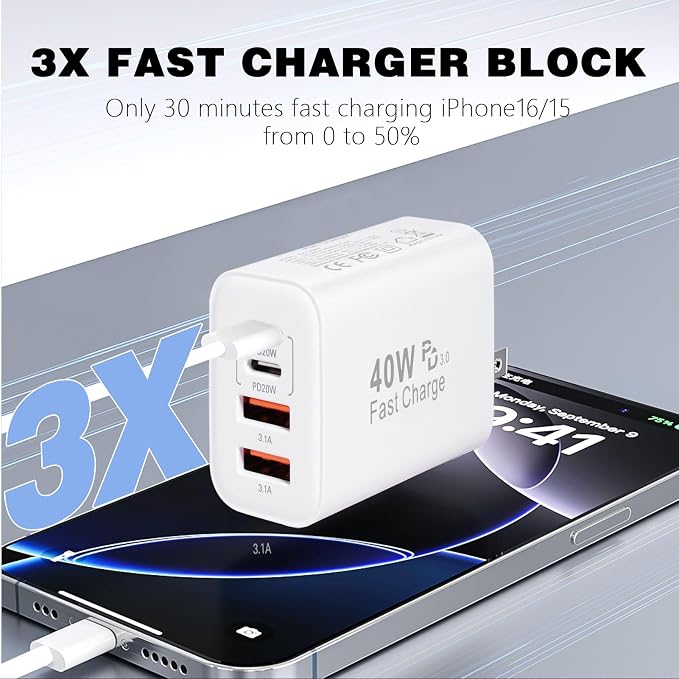 iPhone 17 16 15 Charger Fast Charging40W Dual Port A/C Phone Charger Fast Charging USB C Wall Charger Block Quick 10FT Type C Charging Cable for iPhone 17/17 Pro Max/17 Air/16 Pro/16e/15 Plus/15 Pro