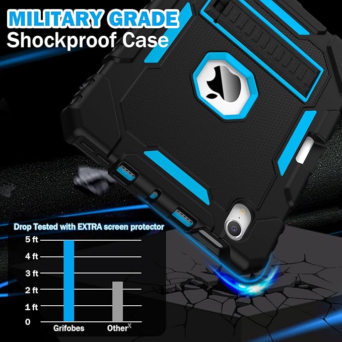 Grifobes Case for iPad Mini 7 (A17 Pro) 2024 / Mini 6 2021 8.3 inch, Heavy Duty Shockproof Rugged Cover with Pencil Holder Stand, for I Pad Mini 7th/6th Gen 8.3" Case for Kids Boys (Black+Blue)